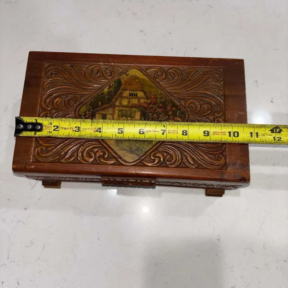 Vintage Hand-Carved Cedar Wood Jewelry Trinket Box with Cottage Farm Scene Inlay